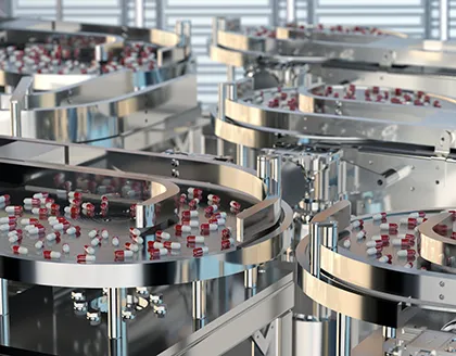 Pills manufacturing on factory assembly line.