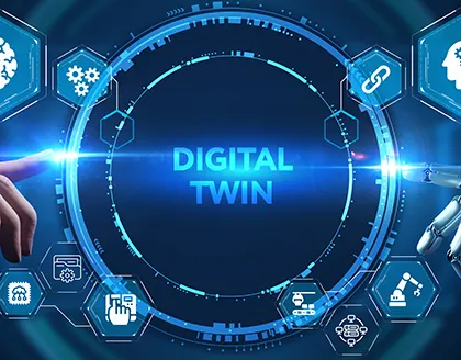Digital Twin human and robotic hands pointing towards middle