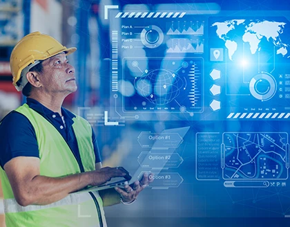 Male worker using advanced digital technology hologram display world shipping information modern industry 5.0 concept