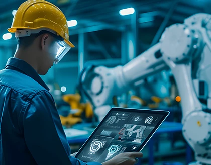Man in hardhat looking at screen in factory.