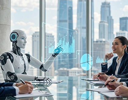 Humanoid AI robot presenting financial data to business team.