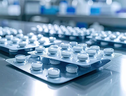 A macro perspective showcases precisely arranged blister packs filled with medical pills.
