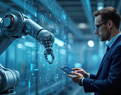 Engineer controls robotic arm using tablet.