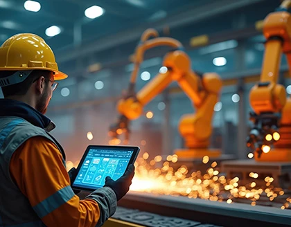 Engineer in yellow hard hat monitors smart factory operations on digital tablet.