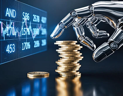 Futuristic robot hand stacking gold coins.