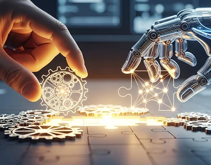 A human hand and a robotic, translucent hand working together to assemble a puzzle shaped like a gear.