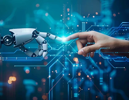 A human hand and a robotic hand touch fingertips.