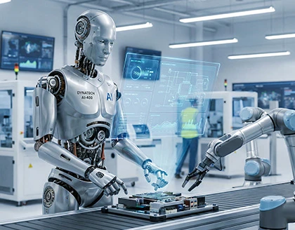 Humanoid robot on a futuristic production line.