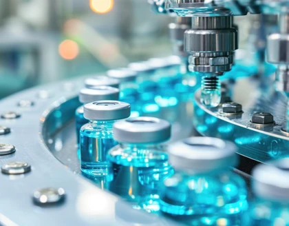 Close-up of numerous medical vials in a pharmaceutical manufacturing line.