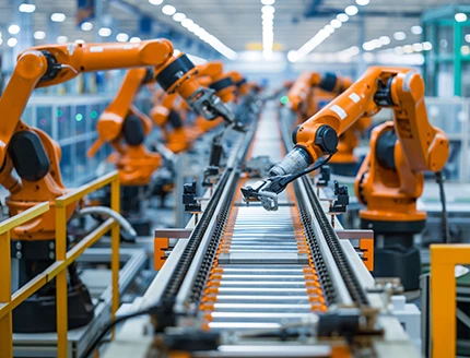 Robotic arms doing a lot of work fast in a giant industrial factory.