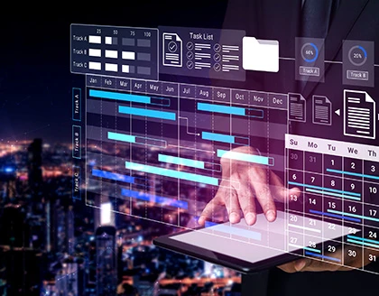 A person reviews crucial data on a tablet, with a captivating city backdrop at night.