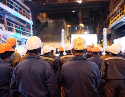 Rearview of workers in factory.