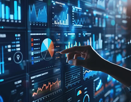 hand pointing at digital screen monitor