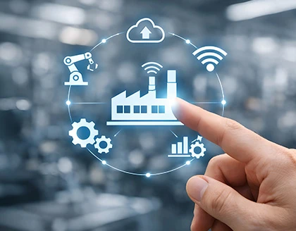 Touching smart factory and industry 4.0 icons for industrial automation.