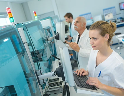 Female researcher analyzing data.