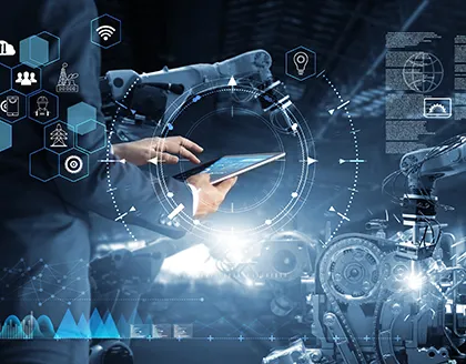 Hands holding tablet and robot arms digital composition.