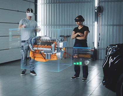 Service engineers use virtual reality technology to diagnose an eco-friendly car engine with an augmented reality interface.