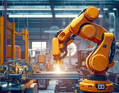 Industrial robot works automatically in smart autonomous factory.