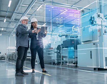  Industrial engineers use tablet computer, big data visualization.