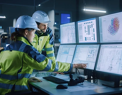 Project engineer talks to female operator who controls facility production line.