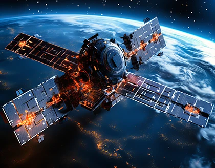 A satellite orbiting an exoplanet, transmitting data back to a futuristic Earth control center.