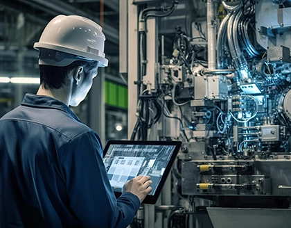 Engineer analyzing maintenance data on a tablet.
