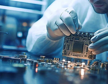 Scientist in coveralls working on a processor chip.