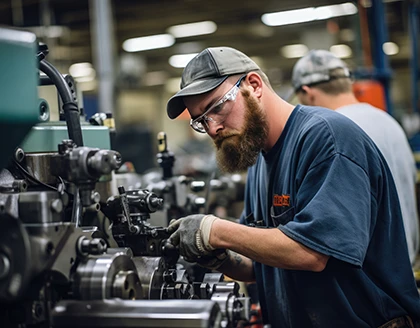 Skilled individual operating machine in manufacturing.