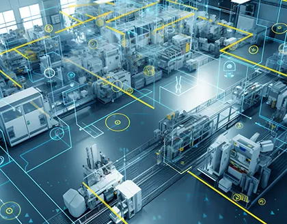 Overhead view of factory with digital graphic overlay.