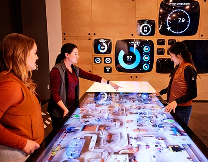 3 women looking at screen.