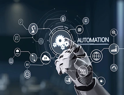 Robotic hand engages with a futuristic digital interface depicting automation concepts.