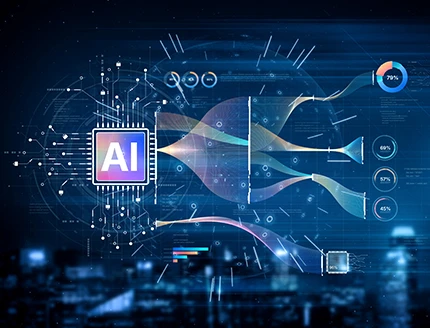 AI brain processes big data with generative AI, LLMs, and machine learning to support business decisions.