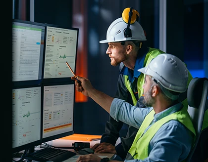 Two men in hardhats looking at computer screens.