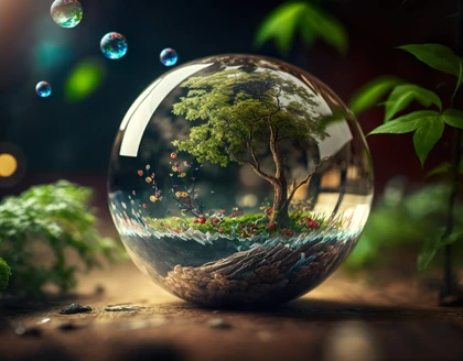 Glass globe in the in nature concept for eco friendly enviroment and conservation.