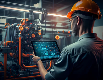 Team of multiracial engineers having a simulation experience with futuristic virtual reality glasses inside robotic factory.