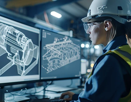 woman in hardhat looking at computer screens.