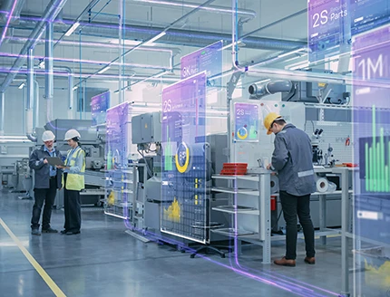 Two industrial engineers use tablet computer, big data statistics visualization, optimization of high-tech electronics facility.