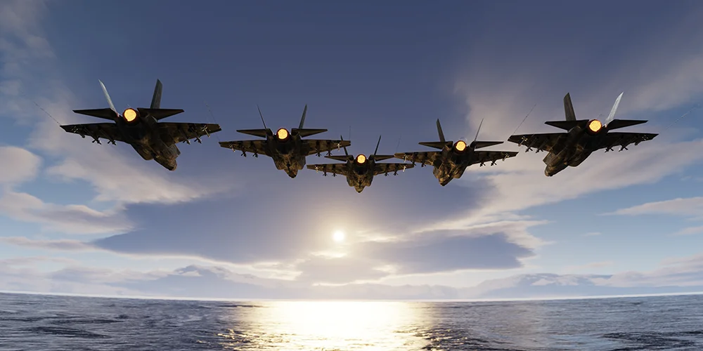 f35 jets flypast formation over the ocean low attitude