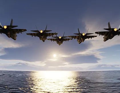 f35 jets flypast formation over the ocean low attitude